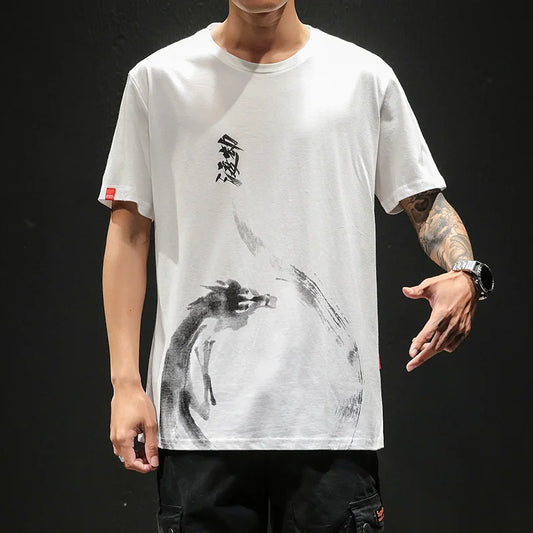 Chinese Style T Shirt Men Funny Anime Print O-Neck Loose Black White Hip-Hop Cotton Tshirts Male Summer Streetwear Fashion Tees